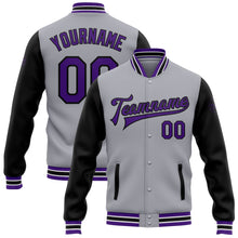 Charger l&#39;image dans la galerie, Custom Gray Purple-Black Bomber Full-Snap Varsity Letterman Two Tone Jacket
