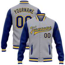 Charger l&#39;image dans la galerie, Custom Gray Royal-Yellow Bomber Full-Snap Varsity Letterman Two Tone Jacket
