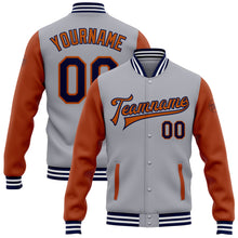 Laden Sie das Bild in den Galerie-Viewer, Custom Gray Navy-Texas Orange Bomber Full-Snap Varsity Letterman Two Tone Jacket
