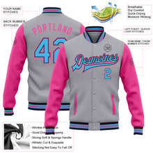 Charger l&#39;image dans la galerie, Custom Gray Sky Blue Black-Pink Bomber Full-Snap Varsity Letterman Two Tone Jacket
