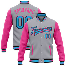 Charger l&#39;image dans la galerie, Custom Gray Sky Blue Black-Pink Bomber Full-Snap Varsity Letterman Two Tone Jacket
