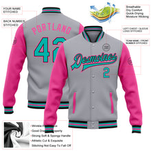 Load image into Gallery viewer, Custom Gray Aqua Black-Pink Bomber Full-Snap Varsity Letterman Two Tone Jacket
