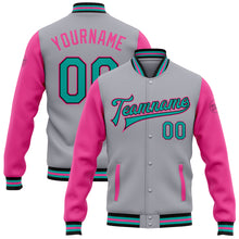 Load image into Gallery viewer, Custom Gray Aqua Black-Pink Bomber Full-Snap Varsity Letterman Two Tone Jacket
