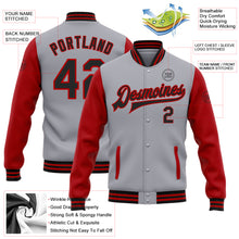 Charger l&#39;image dans la galerie, Custom Gray Black-Red Bomber Full-Snap Varsity Letterman Two Tone Jacket
