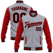 Charger l&#39;image dans la galerie, Custom Gray Black-Red Bomber Full-Snap Varsity Letterman Two Tone Jacket
