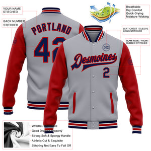 Custom Gray Navy-Red Bomber Full-Snap Varsity Letterman Two Tone Jacket