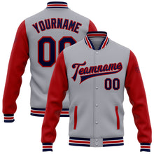 Charger l&#39;image dans la galerie, Custom Gray Navy-Red Bomber Full-Snap Varsity Letterman Two Tone Jacket
