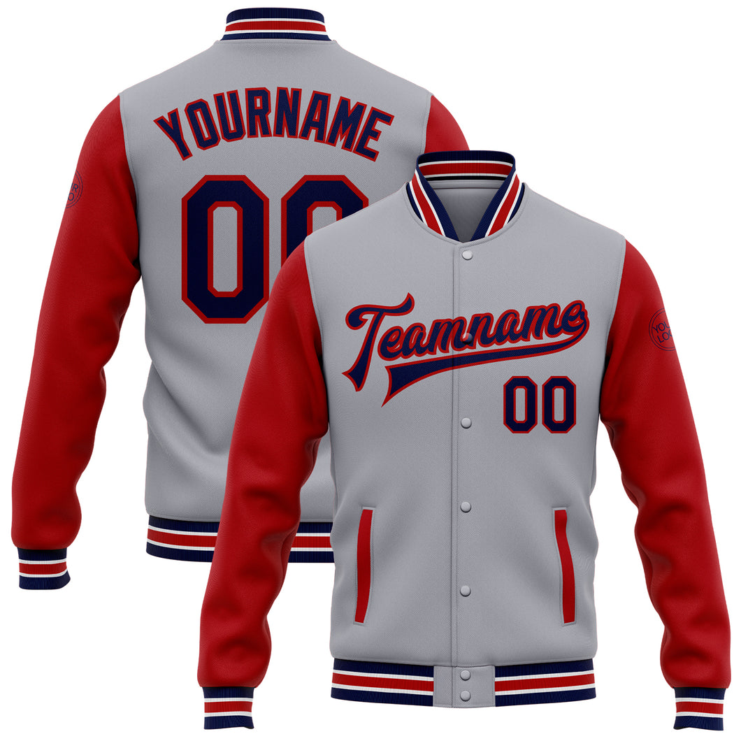 Custom Gray Navy-Red Bomber Full-Snap Varsity Letterman Two Tone Jacket