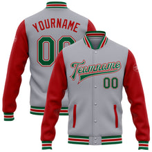 Load image into Gallery viewer, Custom Gray Kelly Green-Red Bomber Full-Snap Varsity Letterman Two Tone Jacket
