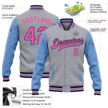 Charger l&#39;image dans la galerie, Custom Gray Pink Black-Light Blue Bomber Full-Snap Varsity Letterman Two Tone Jacket
