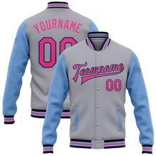 Charger l&#39;image dans la galerie, Custom Gray Pink Black-Light Blue Bomber Full-Snap Varsity Letterman Two Tone Jacket
