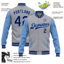 Load image into Gallery viewer, Custom Gray Navy-Light Blue Bomber Full-Snap Varsity Letterman Two Tone Jacket
