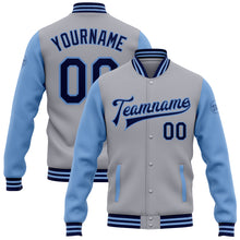 Load image into Gallery viewer, Custom Gray Navy-Light Blue Bomber Full-Snap Varsity Letterman Two Tone Jacket
