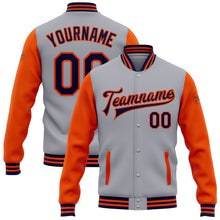 Загрузить изображение в средство просмотра галереи, Custom Gray Navy-Orange Bomber Full-Snap Varsity Letterman Two Tone Jacket
