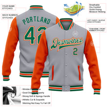 Загрузить изображение в средство просмотра галереи, Custom Gray Kelly Green-Orange Bomber Full-Snap Varsity Letterman Two Tone Jacket
