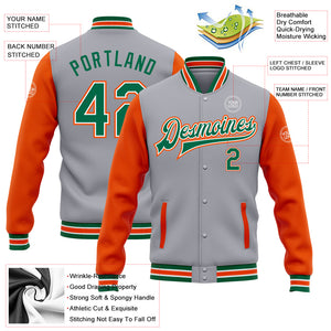 Custom Gray Kelly Green-Orange Bomber Full-Snap Varsity Letterman Two Tone Jacket