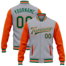 Load image into Gallery viewer, Custom Gray Kelly Green-Orange Bomber Full-Snap Varsity Letterman Two Tone Jacket
