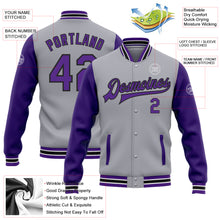 Charger l&#39;image dans la galerie, Custom Gray Purple-Black Bomber Full-Snap Varsity Letterman Two Tone Jacket
