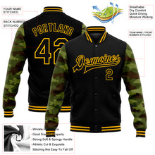 Загрузить изображение в средство просмотра галереи, Custom Black Gold Fish Camo Sleeves 3D Pattern Design Bomber Full-Snap Varsity Letterman Jacket
