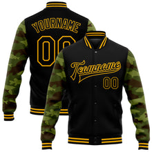 Загрузить изображение в средство просмотра галереи, Custom Black Gold Fish Camo Sleeves 3D Pattern Design Bomber Full-Snap Varsity Letterman Jacket
