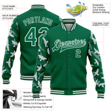 Load image into Gallery viewer, Custom Kelly Green White Flying Bird Sleeves 3D Pattern Design Bomber Full-Snap Varsity Letterman Jacket
