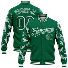 Load image into Gallery viewer, Custom Kelly Green White Flying Bird Sleeves 3D Pattern Design Bomber Full-Snap Varsity Letterman Jacket
