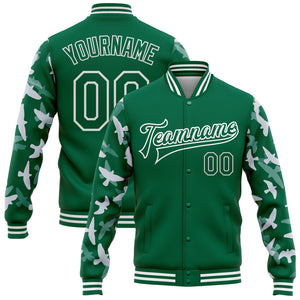 Custom Kelly Green White Flying Bird Sleeves 3D Pattern Design Bomber Full-Snap Varsity Letterman Jacket