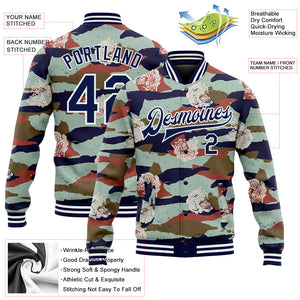 Custom Camo Navy-White Tiger 3D Pattern Design Bomber Full-Snap Varsity Letterman Salute To Service Jacket