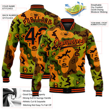 Загрузить изображение в средство просмотра галереи, Custom Camo Black-Orange Funny Faces 3D Pattern Design Bomber Full-Snap Varsity Letterman Salute To Service Jacket
