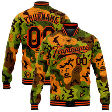 Загрузить изображение в средство просмотра галереи, Custom Camo Black-Orange Funny Faces 3D Pattern Design Bomber Full-Snap Varsity Letterman Salute To Service Jacket
