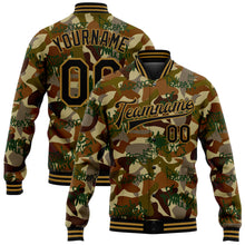 Charger l&#39;image dans la galerie, Custom Camo Black-Old Gold Graffiti Drips 3D Pattern Design Bomber Full-Snap Varsity Letterman Salute To Service Jacket
