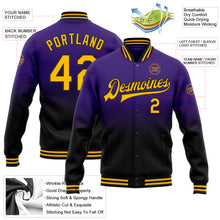 Laden Sie das Bild in den Galerie-Viewer, Custom Purple Gold-Black Bomber Full-Snap Varsity Letterman Fade Fashion Jacket
