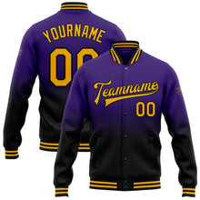 Laden Sie das Bild in den Galerie-Viewer, Custom Purple Gold-Black Bomber Full-Snap Varsity Letterman Fade Fashion Jacket
