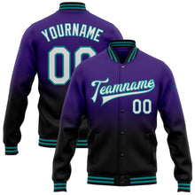 Charger l&#39;image dans la galerie, Custom Purple White Black-Teal Bomber Full-Snap Varsity Letterman Fade Fashion Jacket
