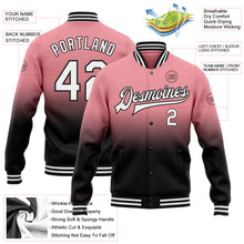 Laden Sie das Bild in den Galerie-Viewer, Custom Medium Pink White-Black Bomber Full-Snap Varsity Letterman Fade Fashion Jacket
