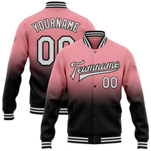 Laden Sie das Bild in den Galerie-Viewer, Custom Medium Pink White-Black Bomber Full-Snap Varsity Letterman Fade Fashion Jacket
