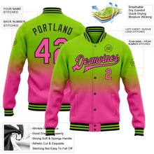 Laden Sie das Bild in den Galerie-Viewer, Custom Neon Green Pink-Black Bomber Full-Snap Varsity Letterman Fade Fashion Jacket
