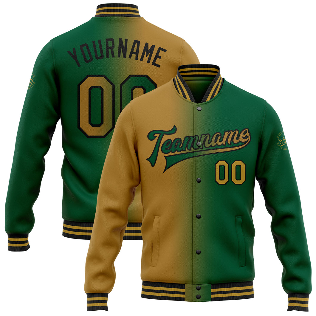 Custom Kelly Green Old Gold-Black Bomber Full-Snap Varsity Letterman Gradient Fashion Jacket