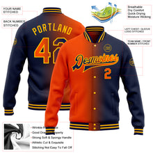 Laden Sie das Bild in den Galerie-Viewer, Custom Navy Orange-Gold Bomber Full-Snap Varsity Letterman Gradient Fashion Jacket
