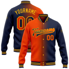 Laden Sie das Bild in den Galerie-Viewer, Custom Navy Orange-Gold Bomber Full-Snap Varsity Letterman Gradient Fashion Jacket
