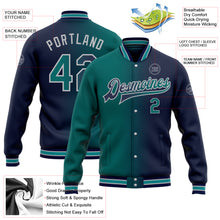 Charger l&#39;image dans la galerie, Custom Navy Teal-Gray Bomber Full-Snap Varsity Letterman Gradient Fashion Jacket
