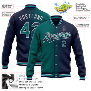 Custom Navy Teal-Gray Bomber Full-Snap Varsity Letterman Gradient Fashion Jacket