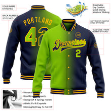 Charger l&#39;image dans la galerie, Custom Navy Neon Green-Gold Bomber Full-Snap Varsity Letterman Gradient Fashion Jacket
