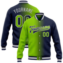 Load image into Gallery viewer, Custom Navy Neon Green-Gray Bomber Full-Snap Varsity Letterman Gradient Fashion Jacket
