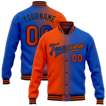 Laden Sie das Bild in den Galerie-Viewer, Custom Thunder Blue Orange-Black Bomber Full-Snap Varsity Letterman Gradient Fashion Jacket
