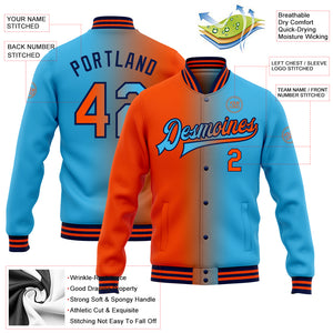 Custom Sky Blue Orange-Navy Bomber Full-Snap Varsity Letterman Gradient Fashion Jacket