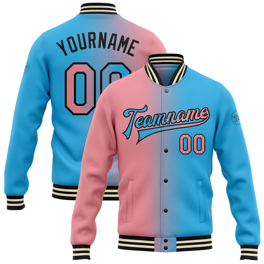 Custom Sky Blue Medium Pink-Black Bomber Full-Snap Varsity Letterman Gradient Fashion Jacket