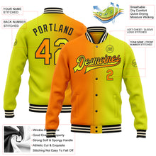 Laden Sie das Bild in den Galerie-Viewer, Custom Neon Yellow Bay Orange-Black Bomber Full-Snap Varsity Letterman Gradient Fashion Jacket

