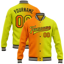 Laden Sie das Bild in den Galerie-Viewer, Custom Neon Yellow Bay Orange-Black Bomber Full-Snap Varsity Letterman Gradient Fashion Jacket
