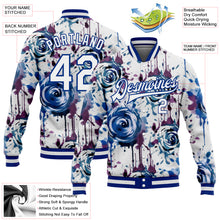 Laden Sie das Bild in den Galerie-Viewer, Custom White Royal Drip Painting Rose 3D Pattern Design Bomber Full-Snap Varsity Letterman Jacket
